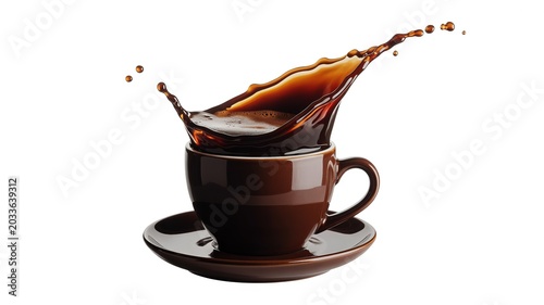 Dark brown ceramic coffee cup with wooden handle on white background ceramic mug