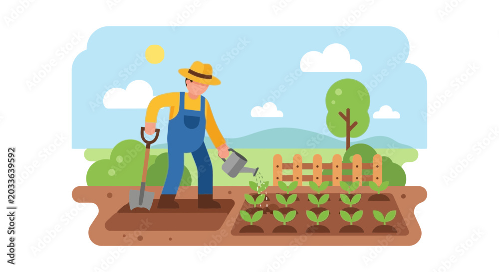 Fototapeta premium Farmer Planting Vegetables in Raised Garden Beds Outdoors