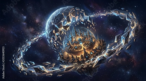 Futuristic cosmic explosion with glowing debris