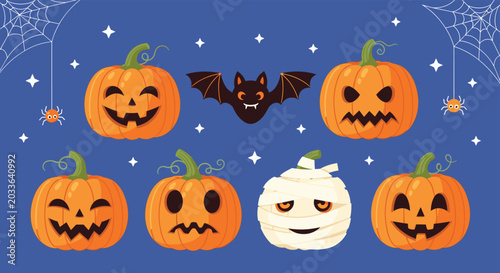 Various festive Halloween pumpkins and a spooky bat with stars and spider webs against a dark blue background.