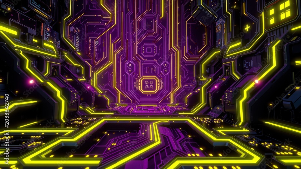 Fototapeta premium Neon circuitry forms tunnel. Purple, yellow glow dominates dark space. Futuristic design suggests digital world or interior.