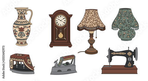 Set of vintage household items including a porcelain vase a pendulum clock table lamps a classic iron and a sewing machine.