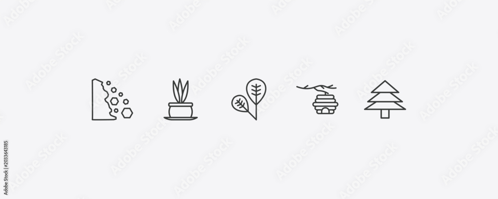 Fototapeta premium nature outline icon set. thin line falling debris, flower pot, hive, pine tree icons. editable vector