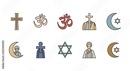 Various religious and cultural icons including the christian cross the hindu om symbol the islamic crescent and the star of david.