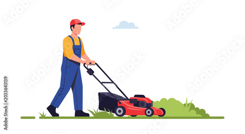 Male gardener in blue overalls and a red cap pushing a lawn mower to trim the green grass in a backyard or park.