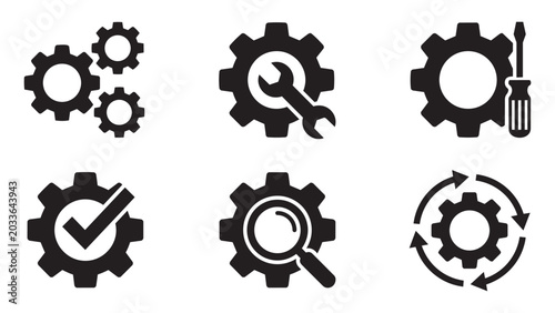 Set of industrial gear icons featuring flat black silhouette designs with various technical symbols including checkmarks magnifying glass arrows wrench and screwdriver