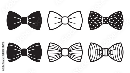 Set Of Six Bow Tie Icons Featuring Solid And Patterned Designs With Polka Dots And Stripes In Minimalist Black And White Graphic Style For Formal Wear And Fashion