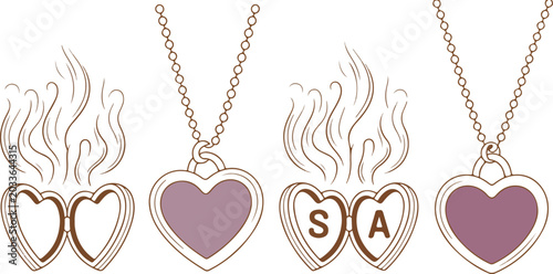 Fotografie Flaming Heart Locket Necklace Vector Illustration Set | Romantic Jewelry SVG Des