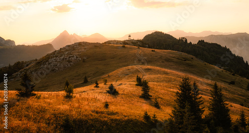 Sunset over the Maglic mountain massif seen from Prijevor saddle in Sutjeska National Park, the highest peak of Bosnia and Herzegovina at golden hour.