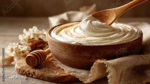 Wooden spoon scooping thick sour cream from a rustic bowl with honey dipper and flowers