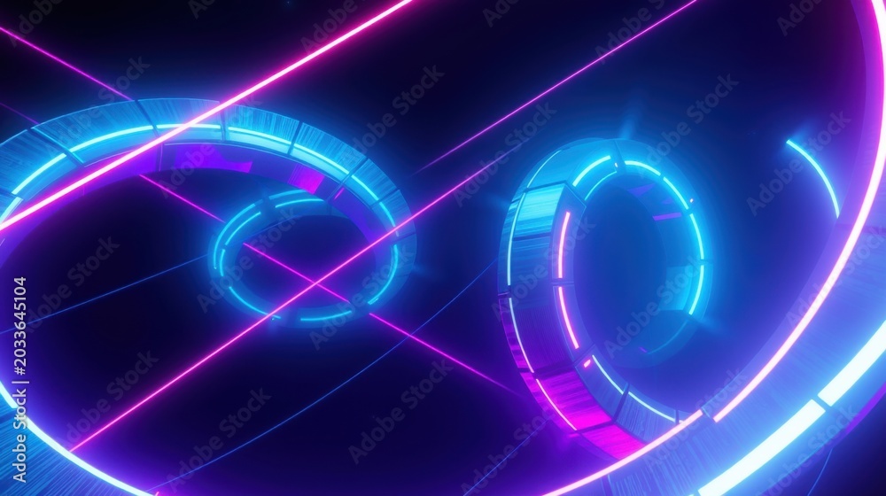 Fototapeta premium Abstract neon lights form circular tunnels. Vivid blue, purple hues create futuristic, dynamic visual effect. Dark background emphasizes glowing lines.