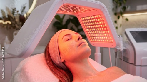 LED Facial Therapy: A woman enjoys a rejuvenating LED light therapy facial treatment, her face bathed in a warm red glow, promoting skin health and renewal.