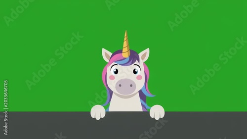 A cute cartoon unicorn with a colorful mane and golden horn peeking over a dark surface against a green screen chroma key background.
