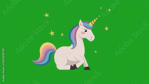 A cute cartoon unicorn with a rainbow mane and tail, sitting on a green screen chroma key background with sparkling stars.