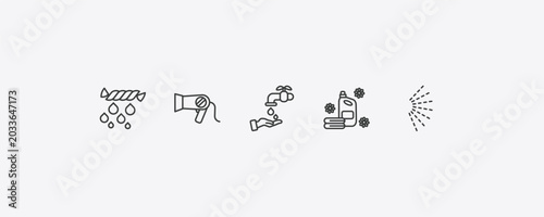 cleaning outline icon set. thin line squeeze, hairdryer cleanin, softener, spray icons. editable vector