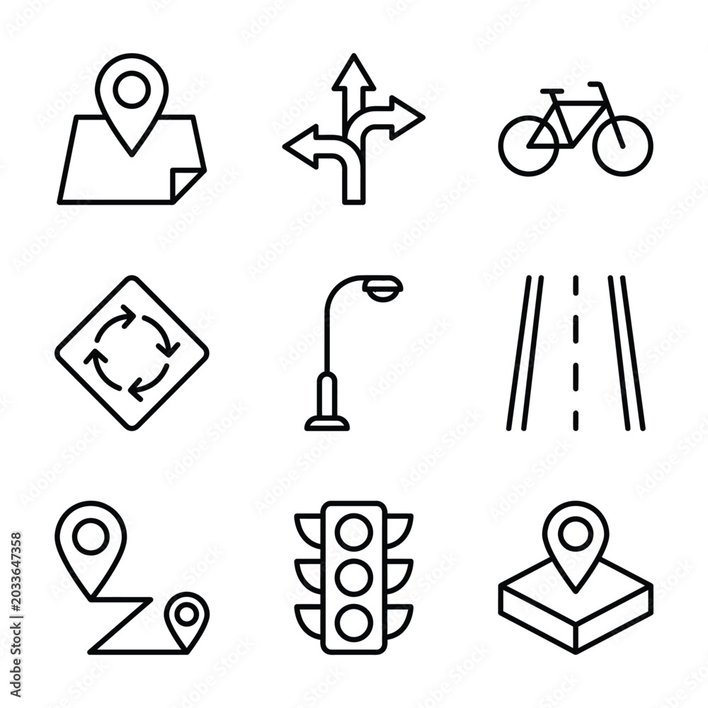 Fototapeta premium Navigation and transportation icons set vector illustration traffic light public transport navigation location