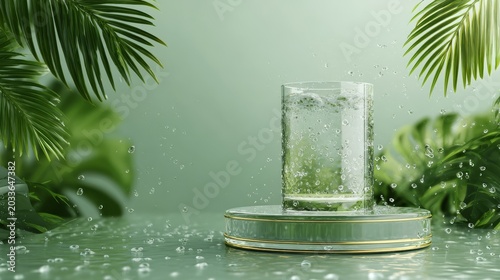 77.Tropical cosmetic showcase with cylindrical platform, transparent water splash, green palm foliage, seasonal sale and beauty spa concept