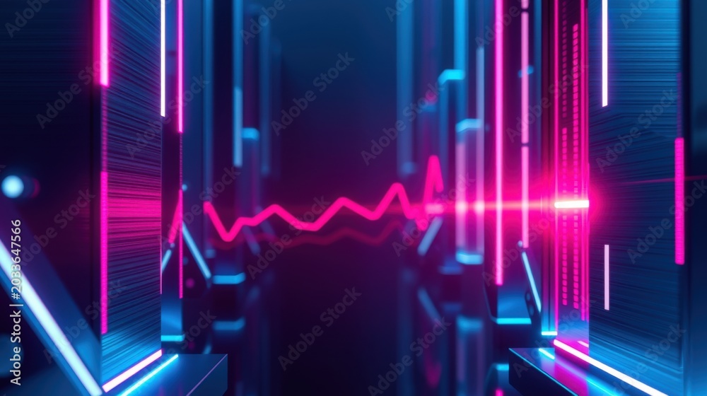 Obraz premium Futuristic digital corridor. Neon lights create vibrant lines, shapes. Dark background emphasizes glowing structures, data streams.