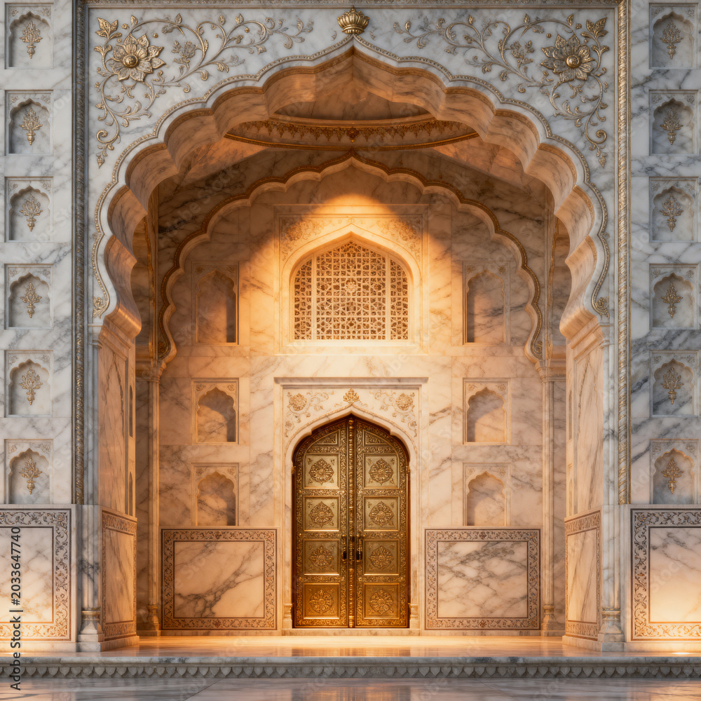 Obraz premium Ornate Indian Heritage Arches and Palace Doorways in Beige Tones, Wedding invitation backgrounds, oyal Indian Architecture Frames with Intricate Arch Details