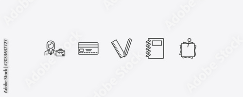 business outline icon set. thin line businesswomen, banking card, workbook, post it icons. editable vector
