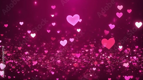 Vibrant pink and fuchsia hearts floating with sparkling glitter on a dark magenta background, creating a romantic and festive atmosphere. Romantic valentine video background.