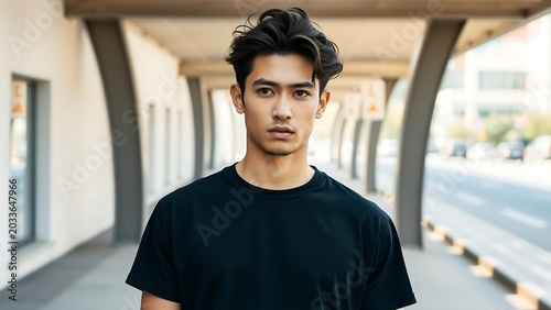 A Stylish Black T-Shirt Mockup A Young Male Model Natural Urban Daylight