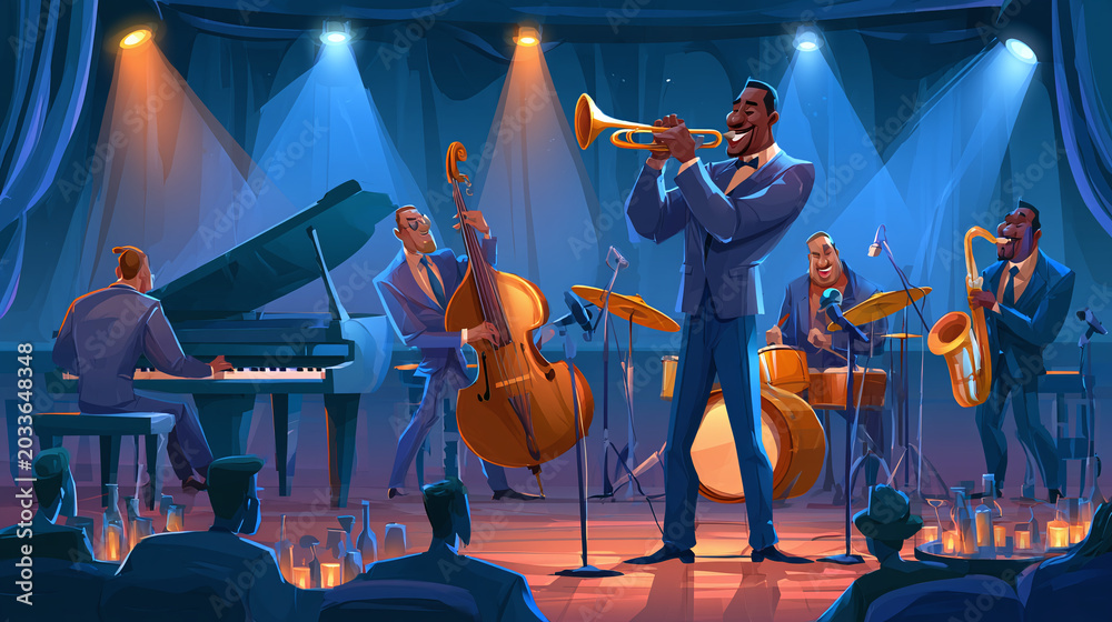 Fototapeta premium A Black Male Trumpeter Leads a Live Jazz Band Playing Music on a Bar Stage During a Concert Event, With Piano, Upright Bass, Drums and Saxophone as the Audience Enjoys Each Song