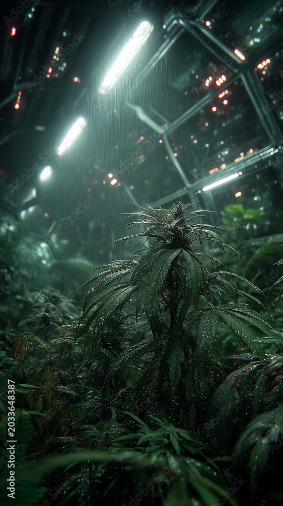 Fototapeta premium Young cannabis plant under indoor grow lights