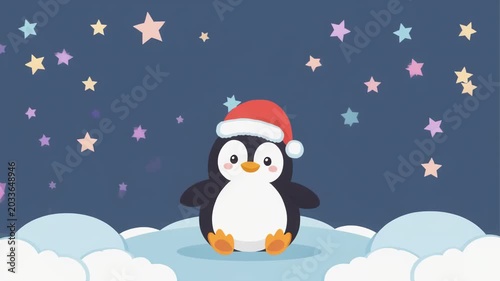 A cute cartoon penguin wearing a Santa hat sits on an icy surface under a starry night sky.