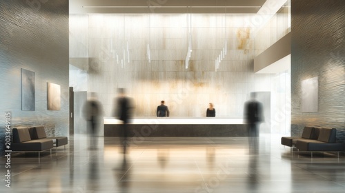 Modern corporate lobby reception area with elegant seating and blurred business professionals, contemporary office interior design, professional workplace environment, luxury commercial space and mode
