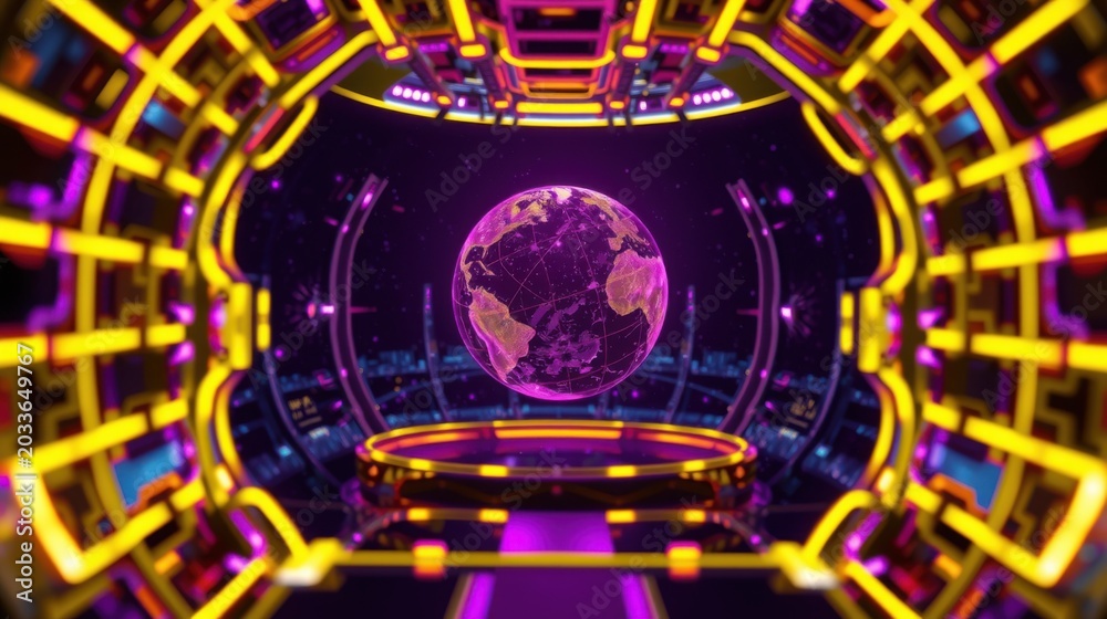 Obraz premium Futuristic tunnel surrounds glowing Earth. Neon lights create vibrant, symmetrical perspective. Digital world presentation.