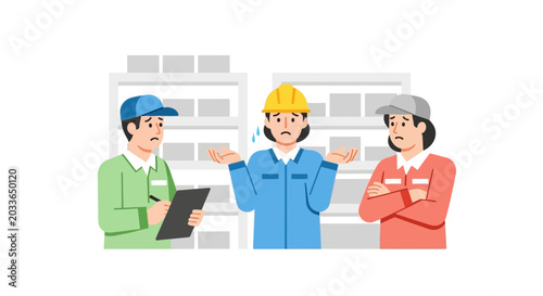 Canvastavla Confused workers in warehouse, problem solving, stress, teamwork issues