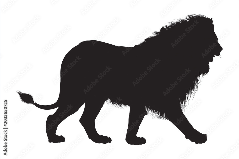 Obraz premium Majestic Lion Silhouette: A powerful lion is depicted in a striking black silhouette, showcasing its regal mane and muscular physique as it walks with determined stride.