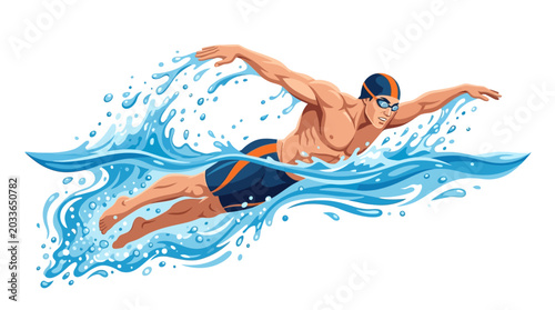 Man swimming butterfly stroke in blue water, dynamic motion, sport illustration