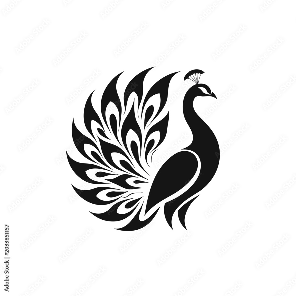 Fototapeta premium Black peacock, vector peacock icon, bird silhouette, decorative animal design