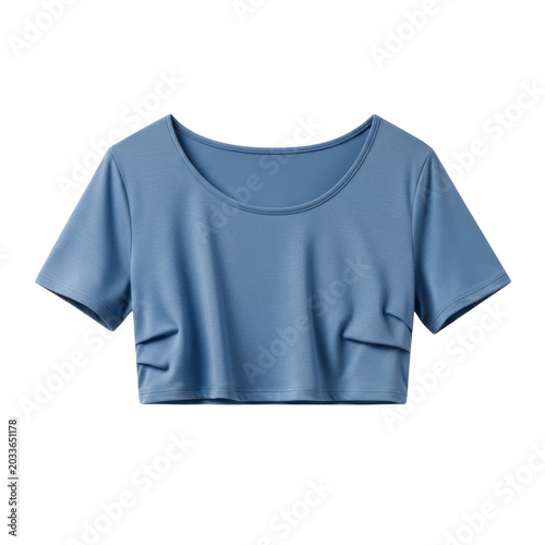 Blue cropped short-sleeved t-shirt with scoop neck, isolated on