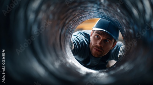 Worker looks into a metal pipe at a construction site in the afternoon light while performing maintenance tasks