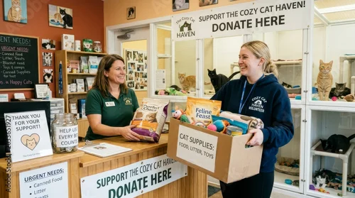 Fototapeta Volunteers at Animal Shelter Accepting Donations for Cats and Kittens.