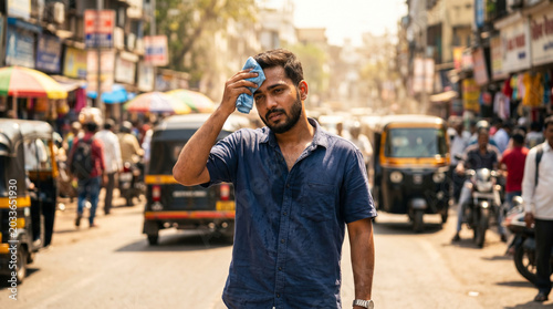 Indian man wiping sweat on a busy street during a summer heatwave