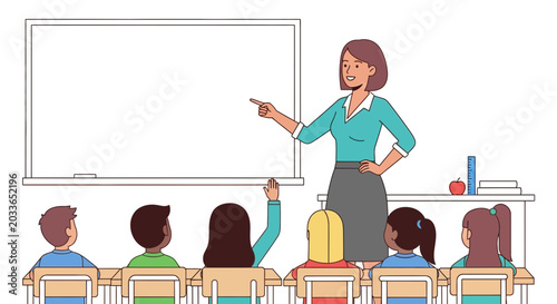Tableau sur toile Teacher instructing students at desks in front of a whiteboard in a classroom