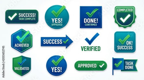 Collection of green and blue confirmation, check mark, and approval badges on white background.