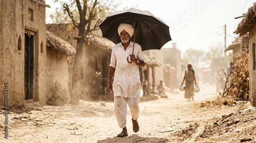 Senior Indian Man with Umbrella Walking in Dusty Village Heatwave