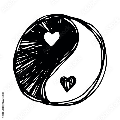 Foto Hand drawn yin yang symbol with hearts Zen and Tao Harmony and balance Black and