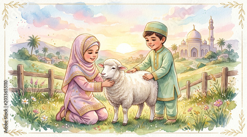 ​Watercolor Eid al-Adha illustration of Muslim children with sacrificial sheep 