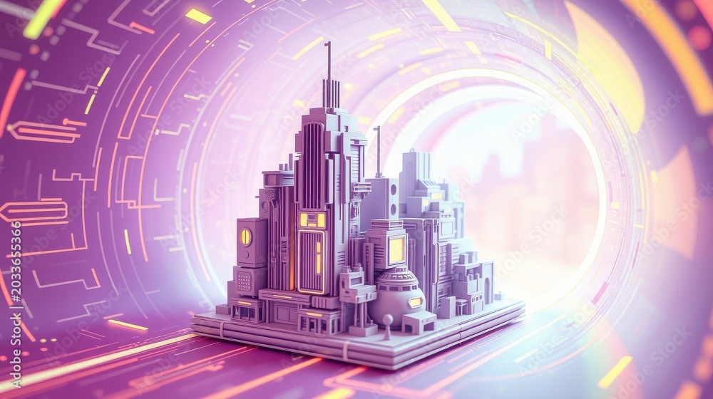 Obraz premium Futuristic city inside glowing tunnel. Complex structures, vibrant pinks, purples dominate scene. Digital aesthetic present.