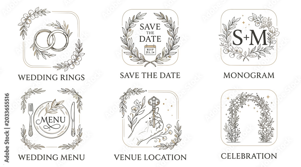 Fototapeta premium Botanical Wedding Monograms and Emblems with Floral Wreaths