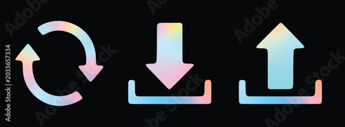 Holographic download upload refresh icons on black background