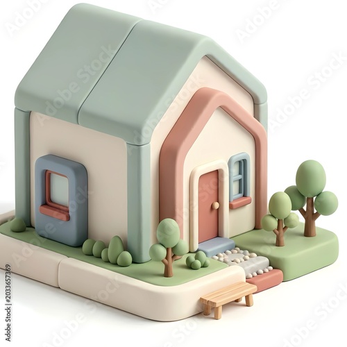 minimalist 3D clay style illustration of a modern house, tiny green garden with stylized trees, soft morandi pastel colors