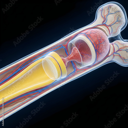 Anatomical human femur, knee joint, transparent 3D model, medical illustration, bone structure