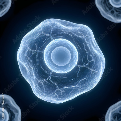 Cell, microscopic, glowing blue, scientific illustration, cellular structure, biology, medicine